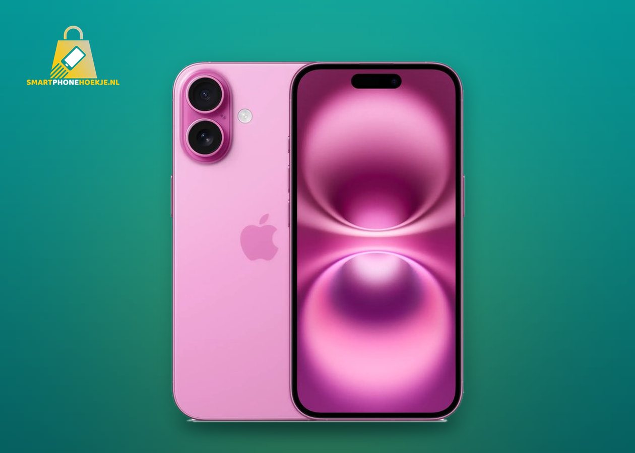 iPhone 16 in roze, voorkant en achterkant