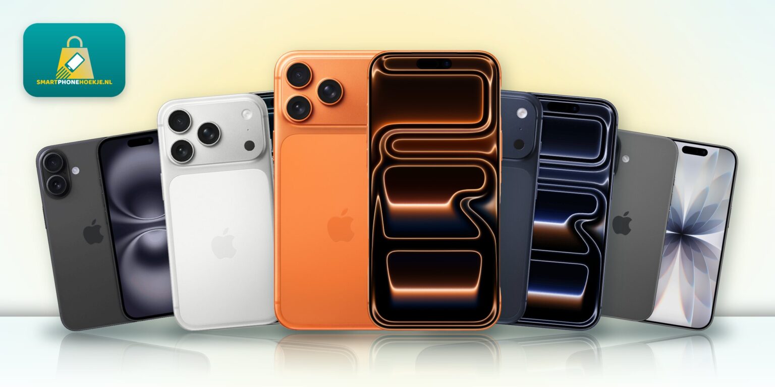 Vijf iPhones naast elkaar, in zwart, zilver, oranje en blauw