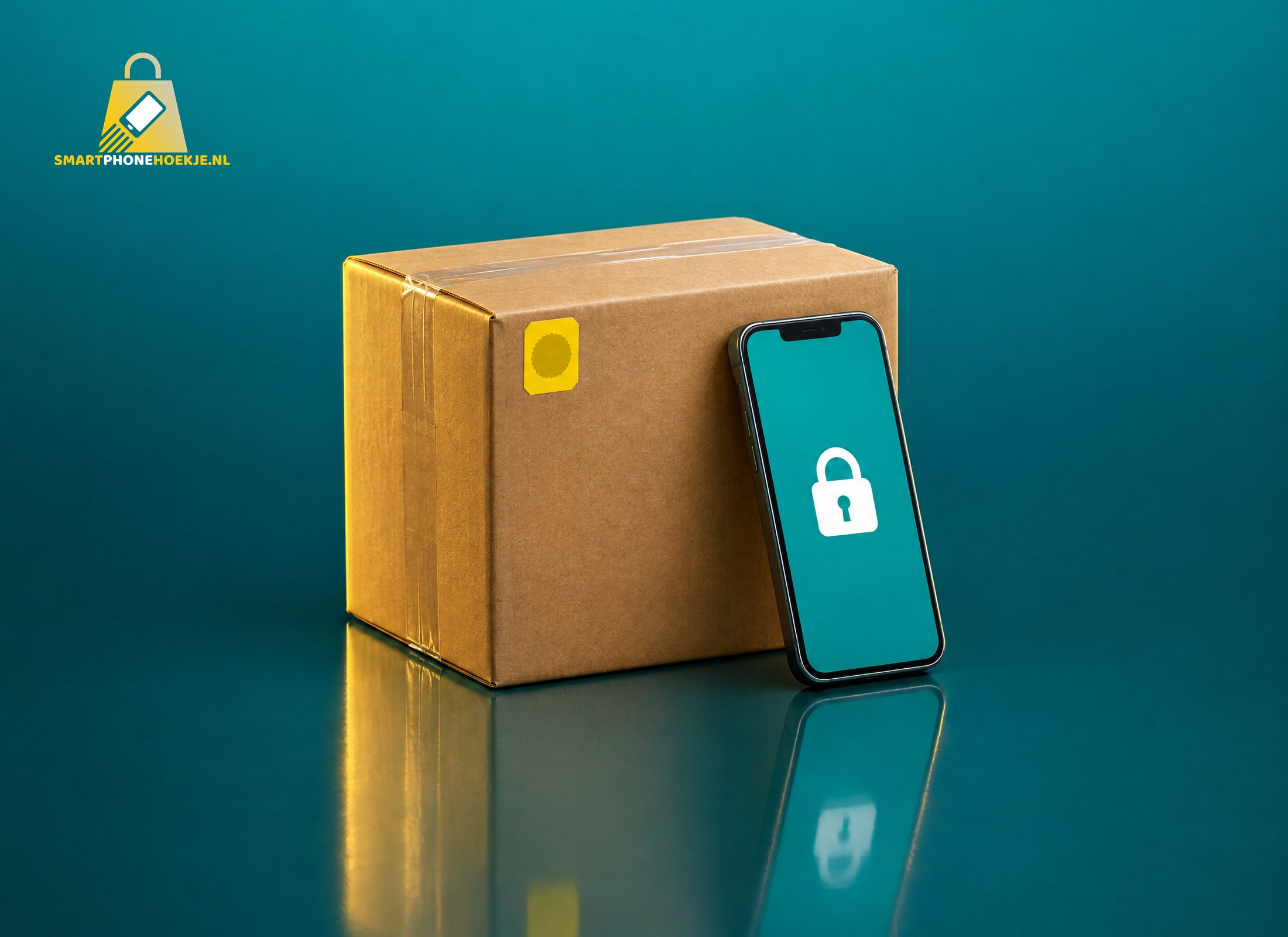 Verzegeld pakket met een smartphone die een slot toont