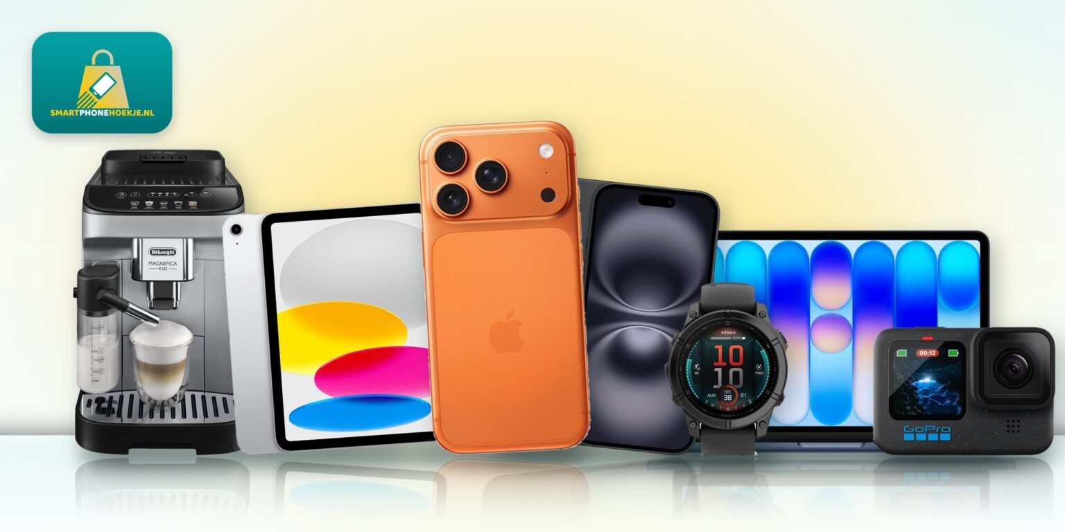 Assortiment van Smartphonehoekje: De'Longhi koffiemachine, iPad, oranje iPhone 17 Pro Max, iPhone 16, MacBook, Garmin smartwatch en GoPro