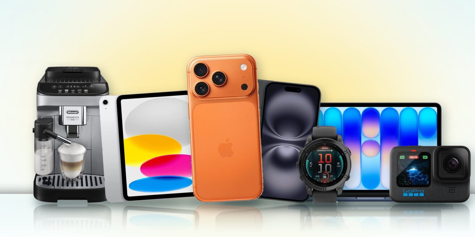 Assortiment van Smartphonehoekje: De'Longhi koffiemachine, iPad, oranje iPhone 17 Pro Max, iPhone 16, MacBook, Garmin smartwatch en GoPro