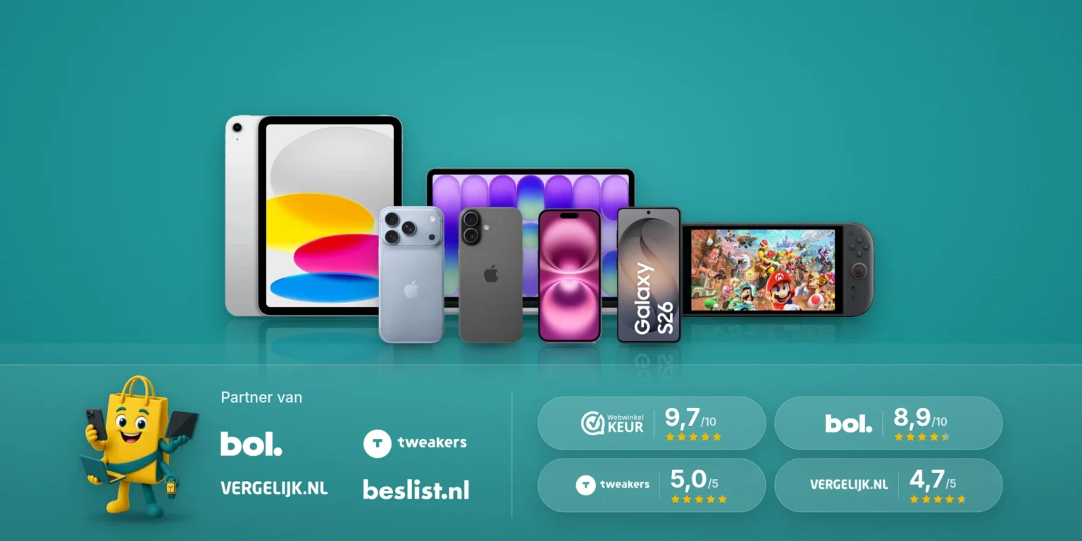 Assortiment van Smartphonehoekje: iPad, iPhones, laptop, Samsung Galaxy S26 en Nintendo Switch. Partner van bol, Tweakers, Vergelijk.nl en Beslist.nl. Reviews: WebwinkelKeur 9,7/10, bol 8,9/10, Tweakers 5,0/5, Vergelijk.nl 4,7/5.